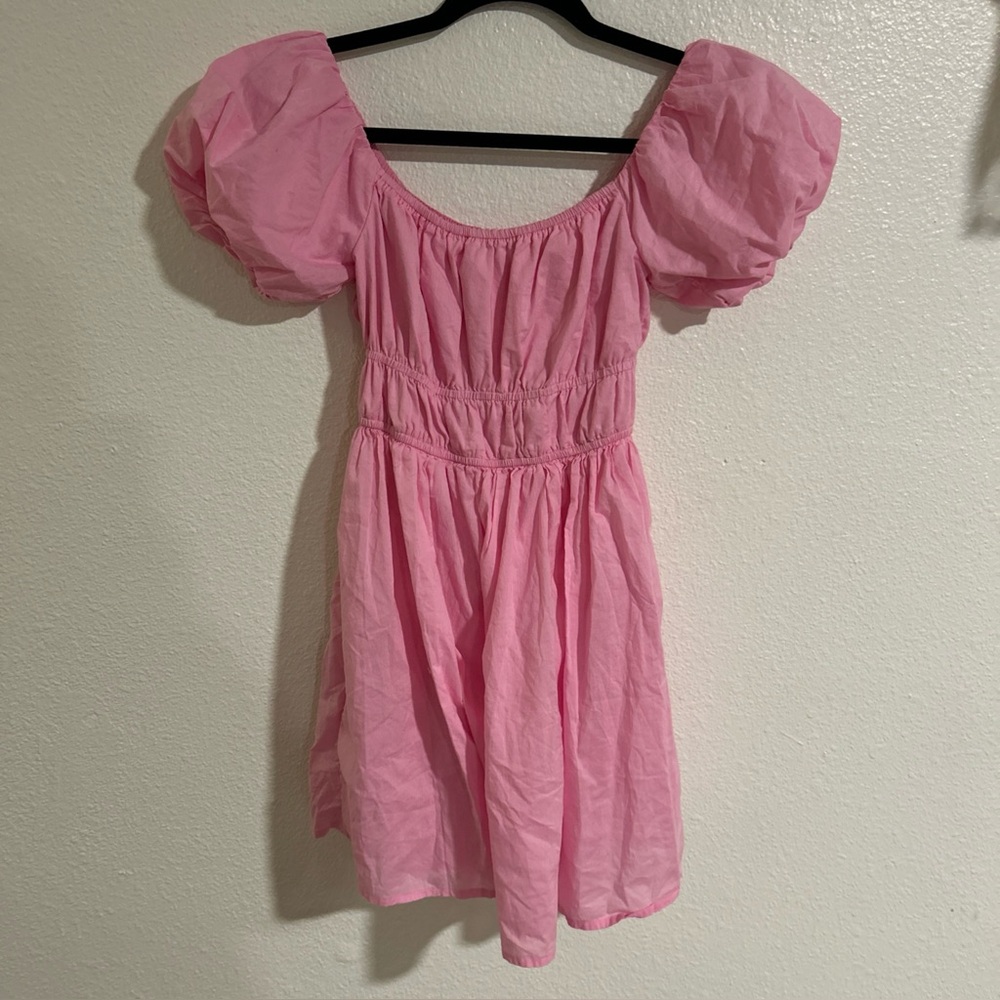 Hollister Solid Pink Puffy Sleeve Cinched Waist,Built In Shorts Dress-Size small